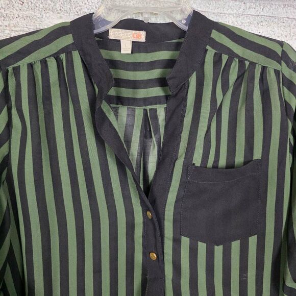 GB Green Black Striped Roll Tab Blouse Sheeer Size L - Picture 3 of 7